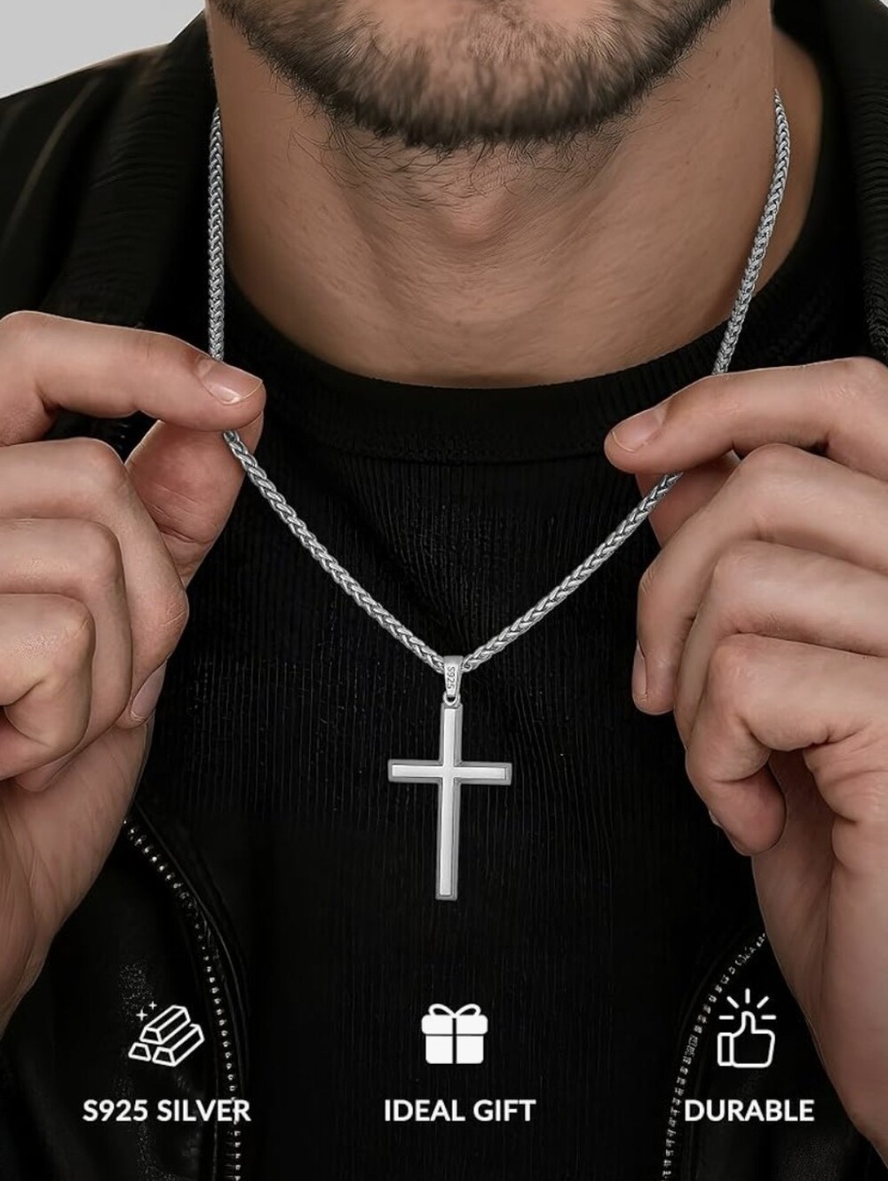 18" Sterling Silver Cross Pendant And Stainless Steel Wheat Chain Necklace - Picture 5 of 8